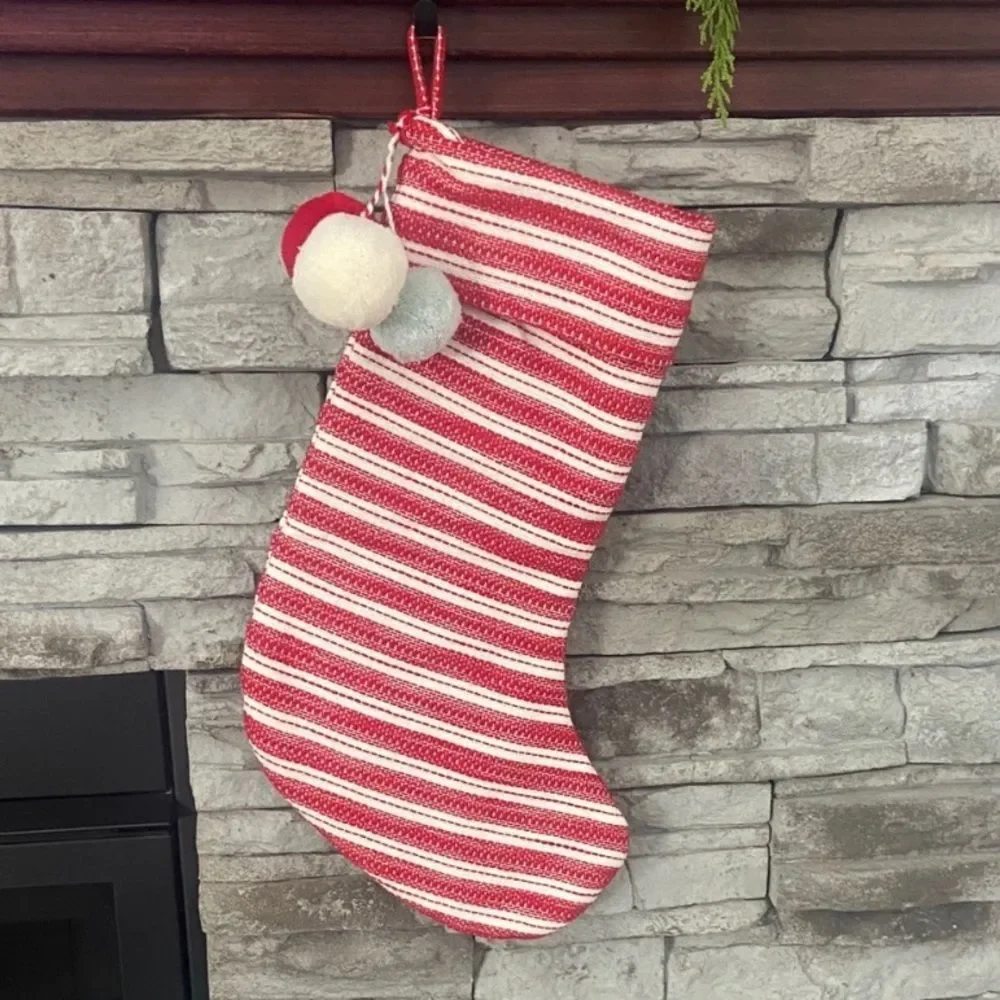 Hearth & Hand Red-White Striped Holiday Christmas Stocking Linen Blend